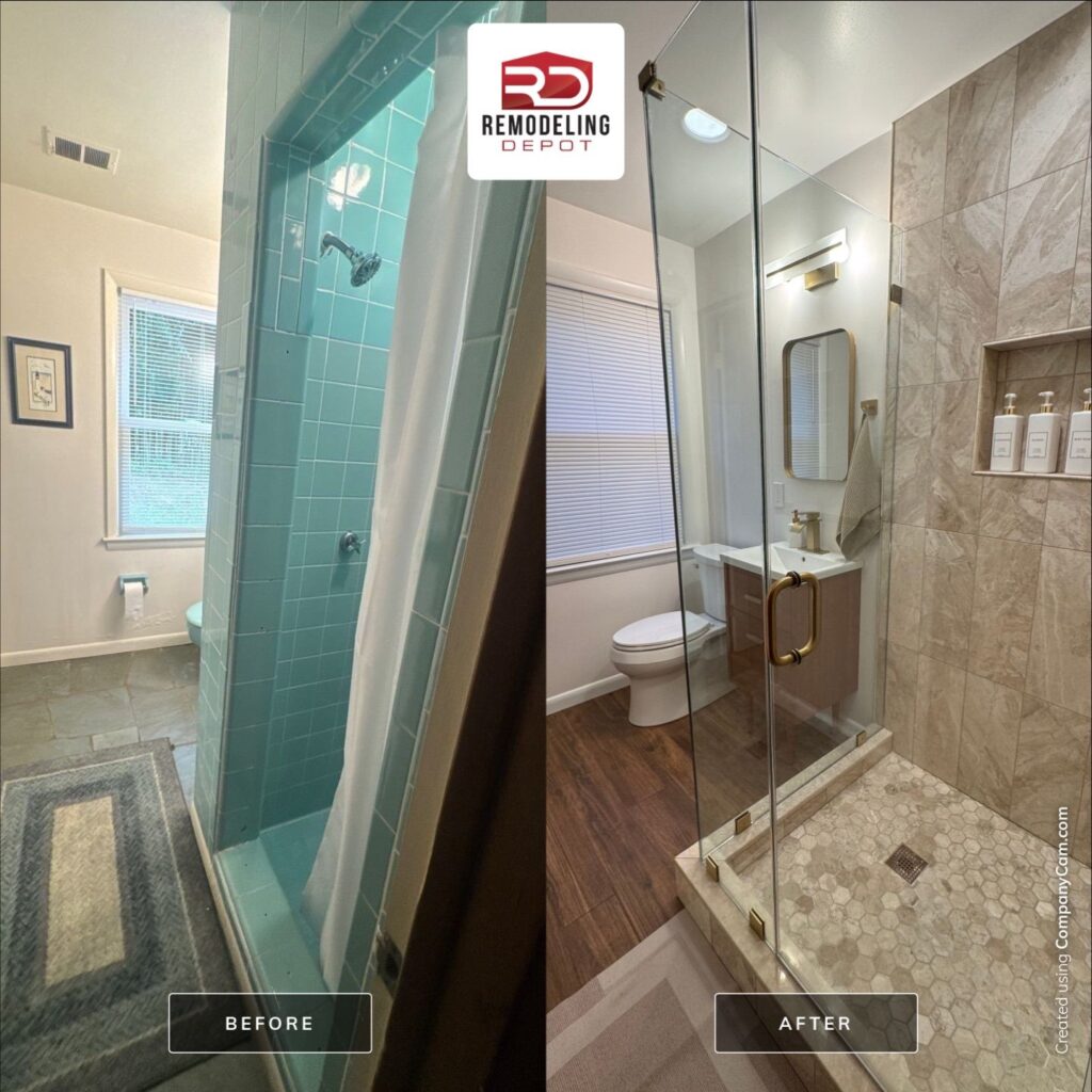 Bathroom renovation before and after showing transformation from green tile to modern gray tile with wood vanity and glass shower