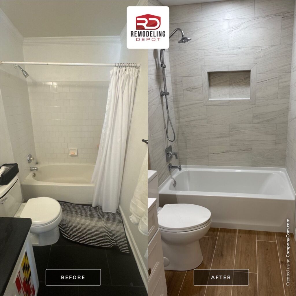 Full bathroom renovation before and after showing transformation from dated to modern with new tile flooring and fixtures