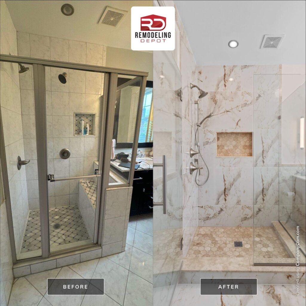 Bathroom walk-in shower before and after remodel showing transformation from basic tile to luxury marble with glass enclosure